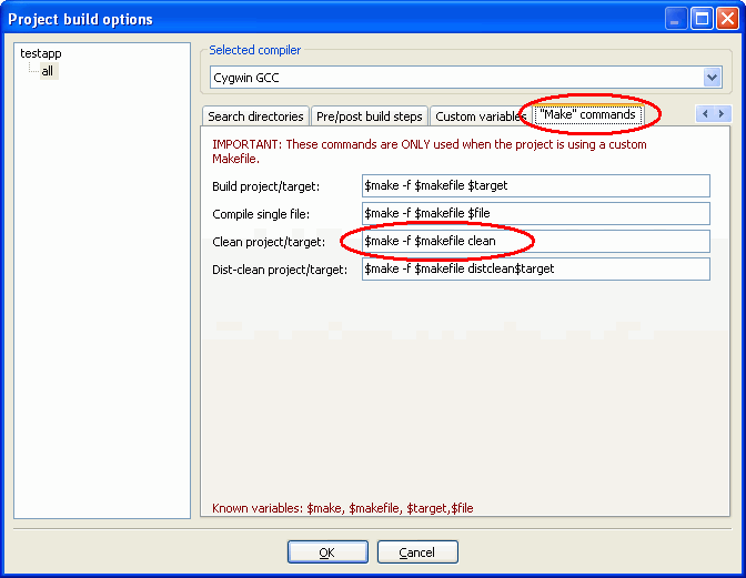 Code::Blocks make commands