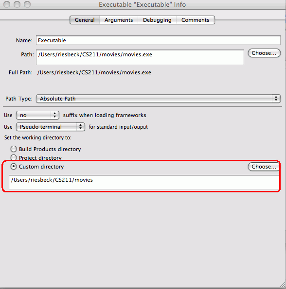 xcode executable info box
